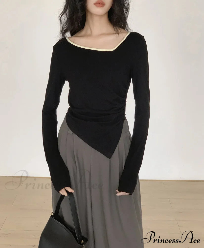Contrast Trim Long Trendy Sleeve Asymmetrical Top image 2