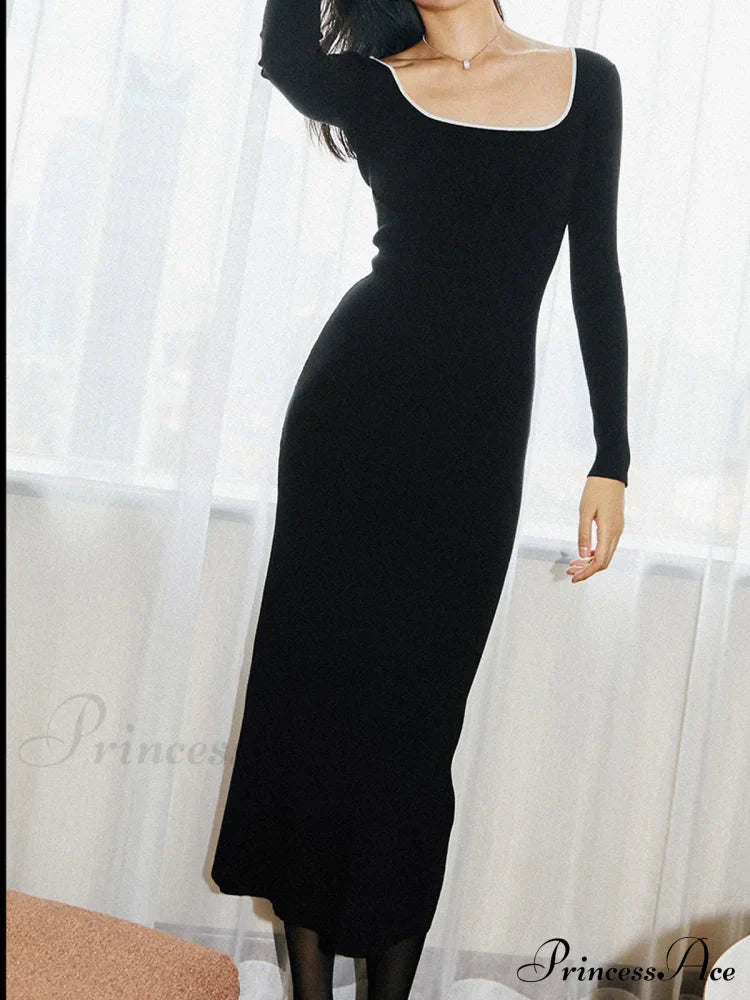 Contrast Trim Low Trendy Cut Knit Long Dress image 5