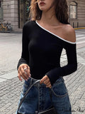 Contrast Trim Off Trendy Shoulder Long Sleeve Shirt image 1