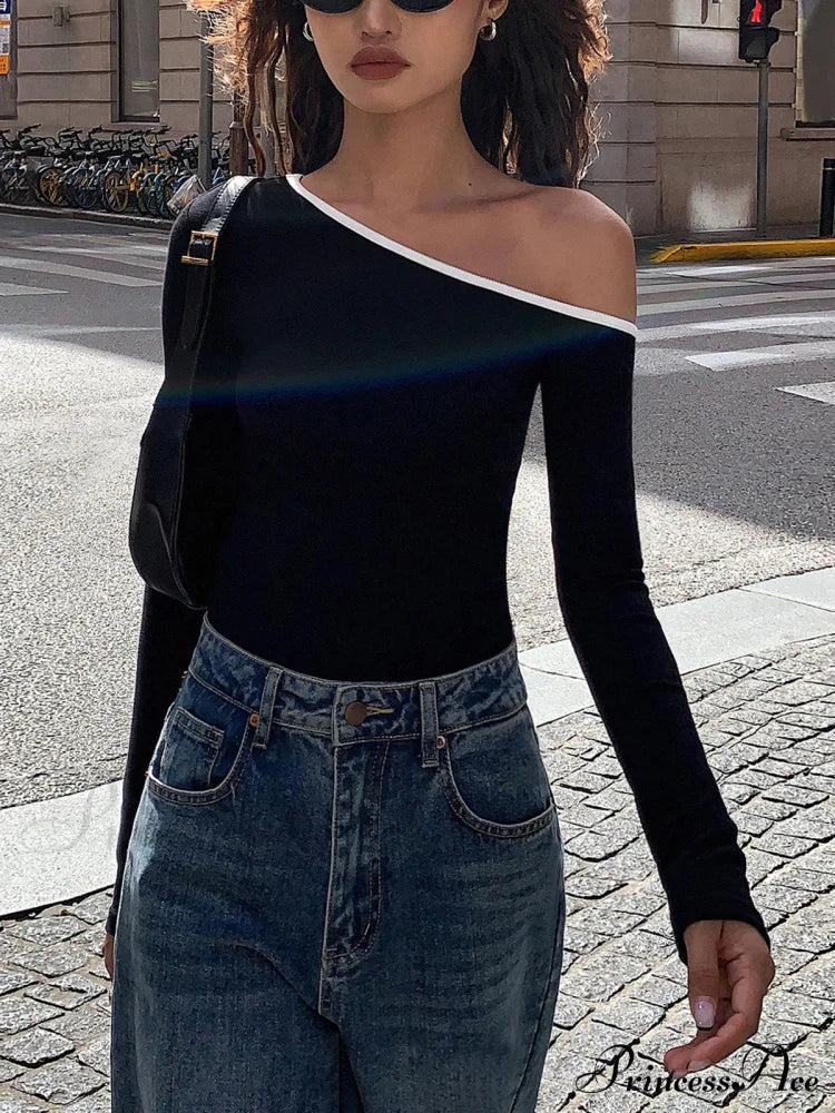 Contrast Trim Off Trendy Shoulder Long Sleeve Shirt image 2