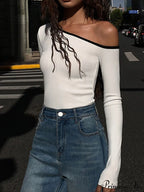 Contrast Trim Off Trendy Shoulder Long Sleeve Shirt image 8