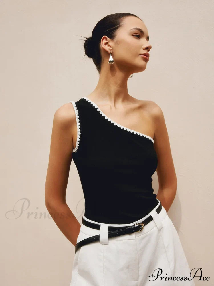 Contrast Trim One Trendy Shoulder Off Tank Top image 1