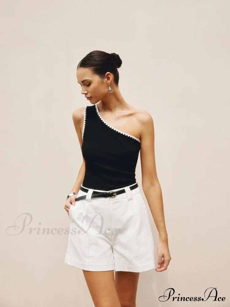 Contrast Trim One Trendy Shoulder Off Tank Top image 2