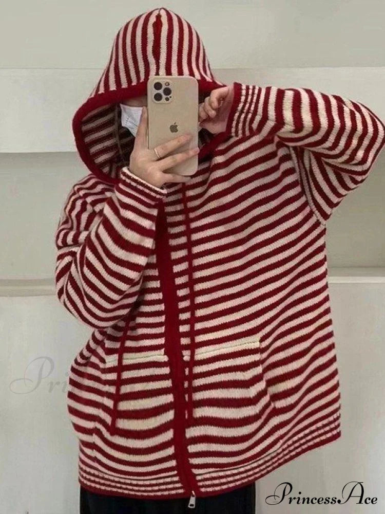 Contrasting Colors Striped Hooded Zipper Cardigan image 6