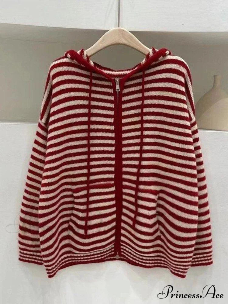 Contrasting Colors Striped Hooded Zipper Cardigan image 7