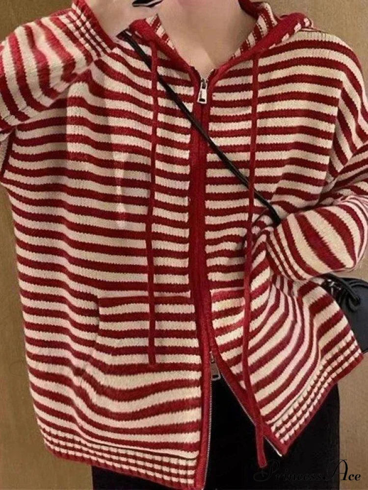 Contrasting Colors Striped Hooded Zipper Cardigan image 5