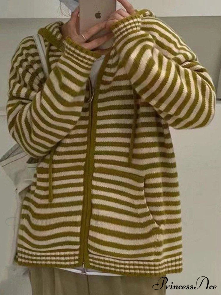 Contrasting Colors Striped Hooded Zipper Cardigan image 9