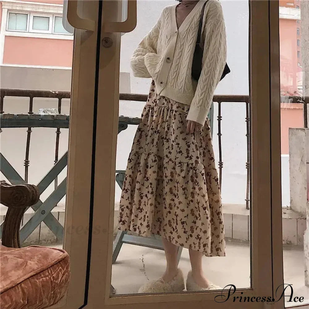 Corduroy High Waist Charming Floral Print Maxi Skirt image 21