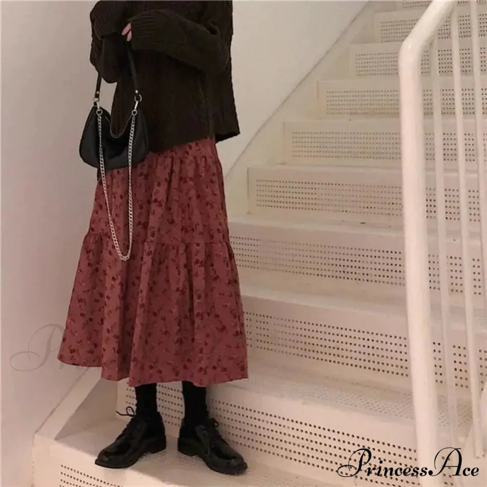Corduroy High Waist Charming Floral Print Maxi Skirt image 24