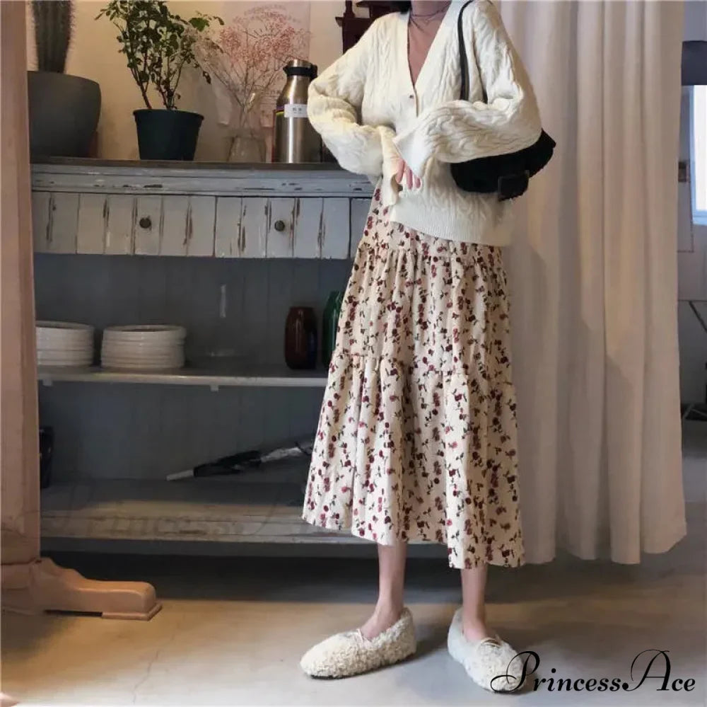 Corduroy High Waist Charming Floral Print Maxi Skirt image 18