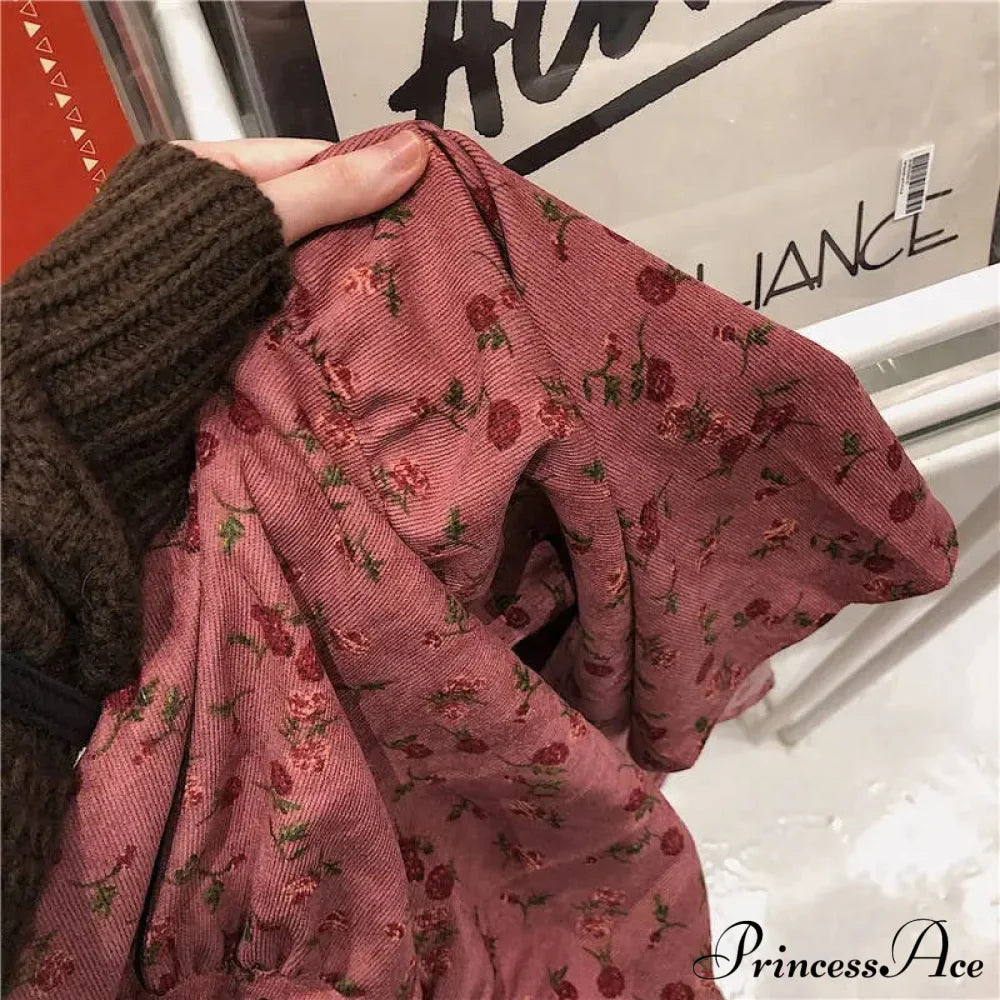 Corduroy High Waist Charming Floral Print Maxi Skirt image 2
