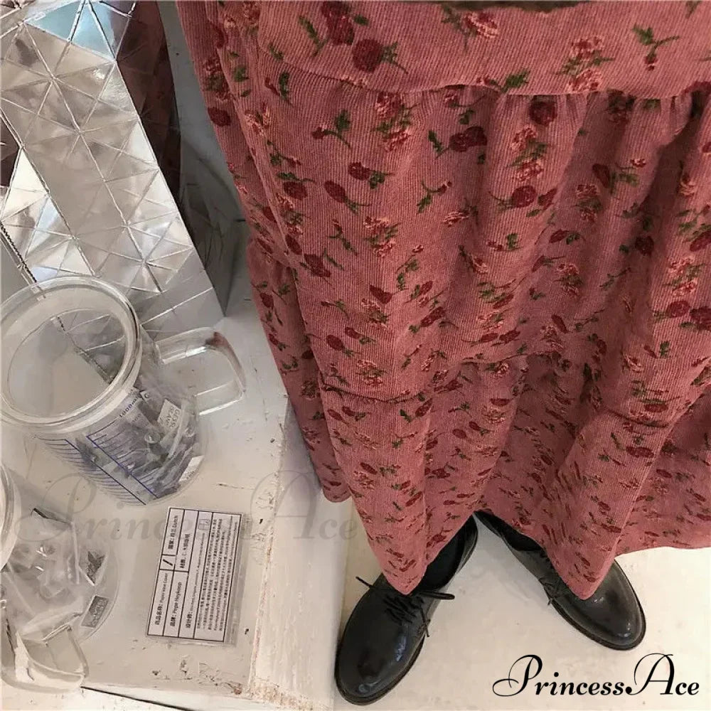 Corduroy High Waist Charming Floral Print Maxi Skirt image 13