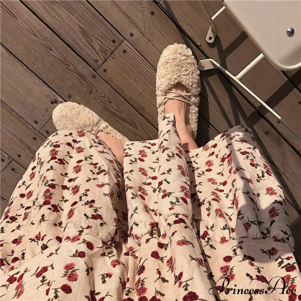 Corduroy High Waist Charming Floral Print Maxi Skirt image 12