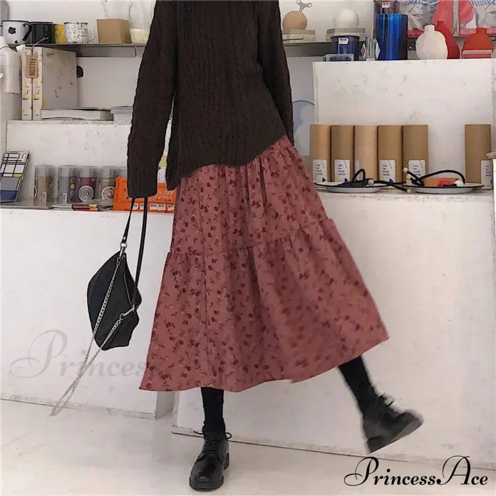 Corduroy High Waist Charming Floral Print Maxi Skirt image 4
