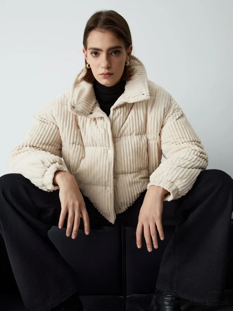 Corduroy Open Graceful Collar Puffer Coat image 4