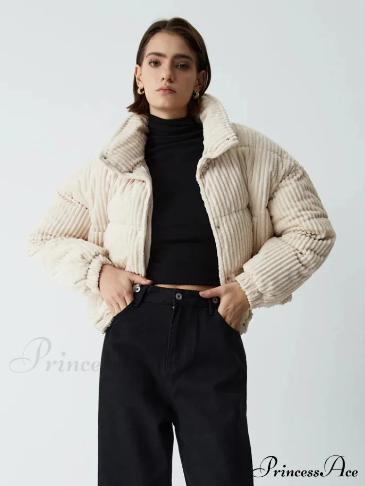 Corduroy Open Graceful Collar Puffer Coat image 1