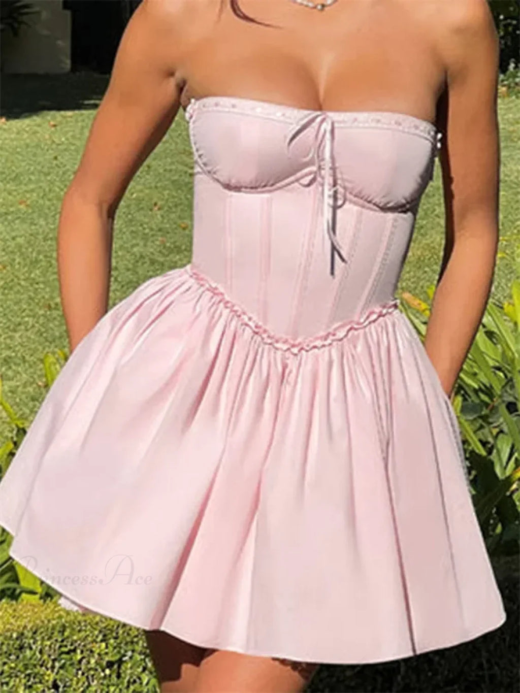 Corset Tie-Up Lace Trim Mini Dress image 1