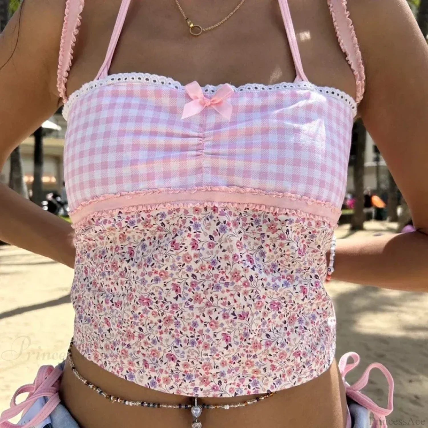 Cottage Floral Plaid Patchwork Y2K Lace Trim Backless Tie Up Retro Vest Crop Top image 5