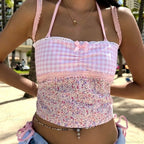 Cottage Floral Plaid Patchwork Y2K Lace Trim Backless Tie Up Retro Vest Crop Top image 6