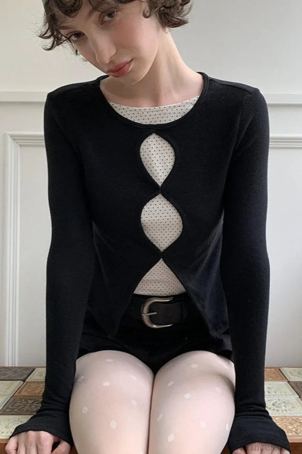 Cotton Cropped Faux Two-Piece Slim Long Sleeve Tee image 1