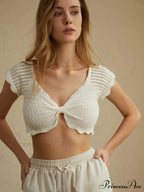 Cotton Eyelet Lettuce Trendy Trim Crop Knit Top image 1