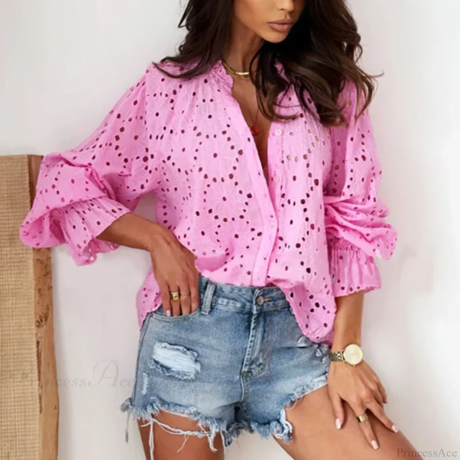 Cotton Floral Embroidery V-Neck Long Sleeve Boho Blouse image 4