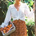 Cotton Floral Embroidery White Lace V-Neck Boho Blouse image 2