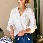 Cotton Floral Embroidery White Lace V-Neck Boho Blouse image 1