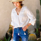 Cotton Floral Embroidery White Lace V-Neck Boho Blouse image 4