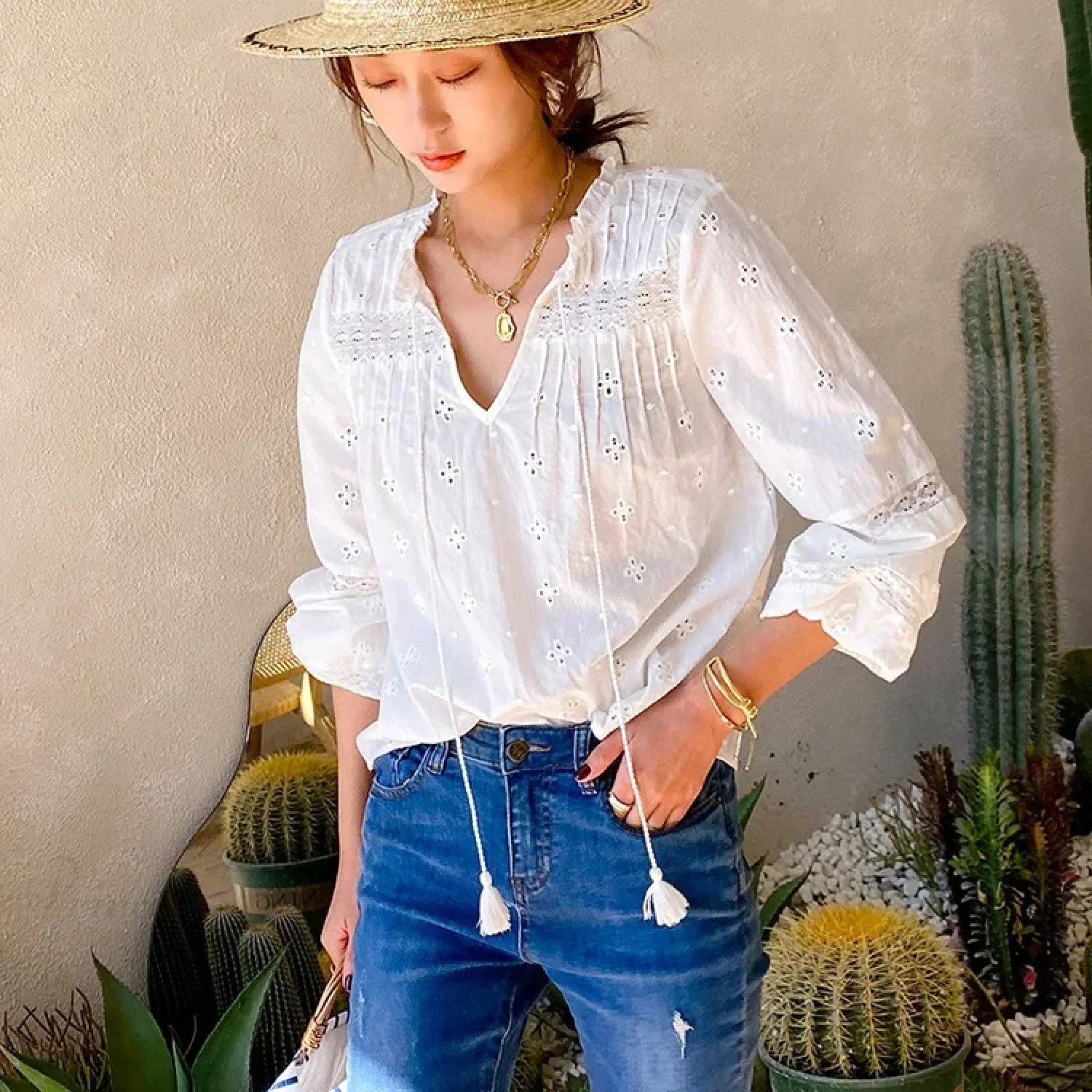 Cotton Floral Embroidery White Lace V-Neck Boho Blouse image 4