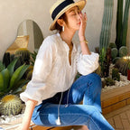 Cotton Floral Embroidery White Lace V-Neck Boho Blouse image 3