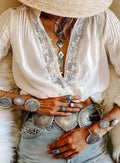 Cotton Floral Embroidery White Lace V-Neck Boho Blouse image 5