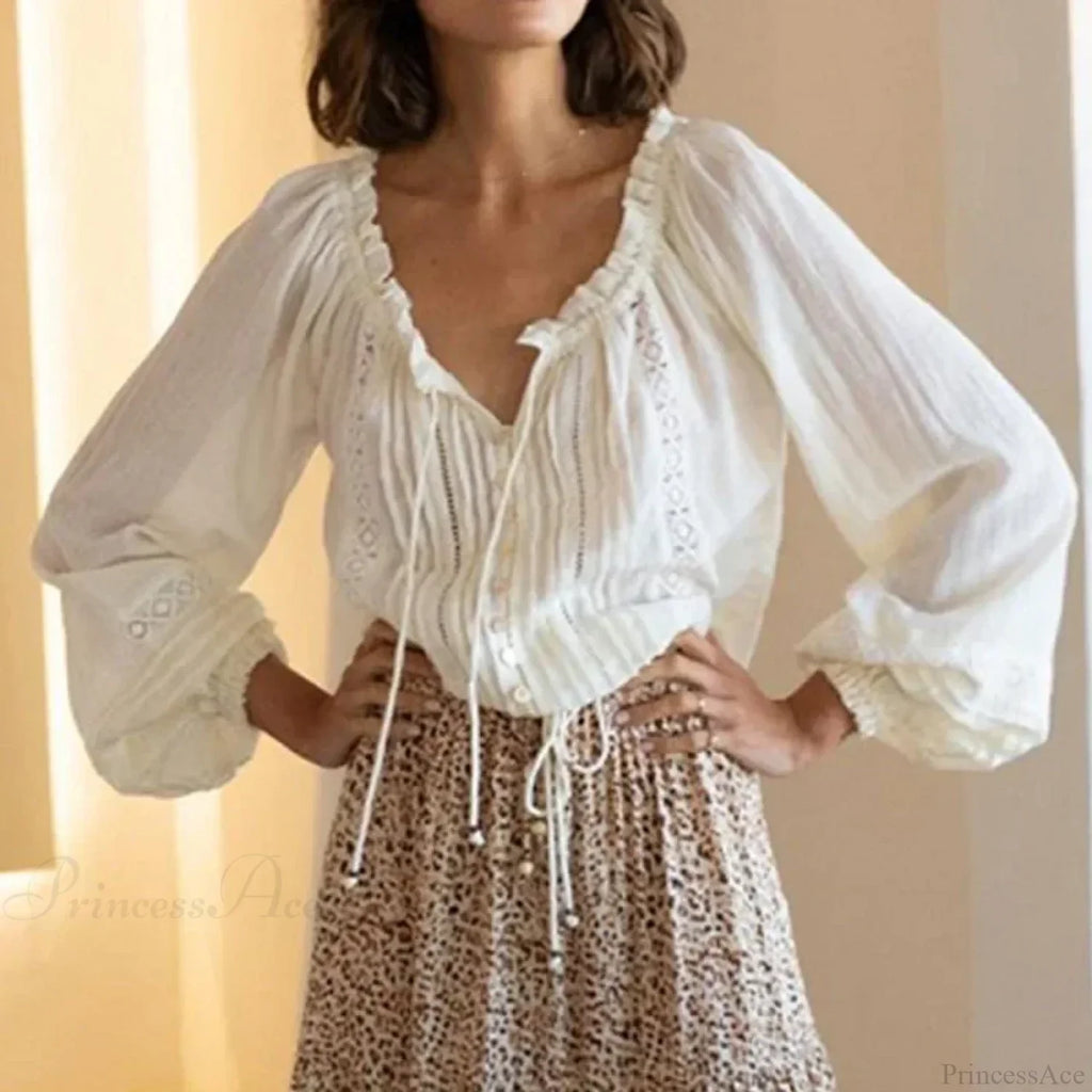 Cotton Floral Embroidery White Lace V-Neck Boho Blouse image 6