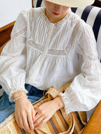 Cotton Floral Embroidery White Lace V-Neck Boho Blouse image 7