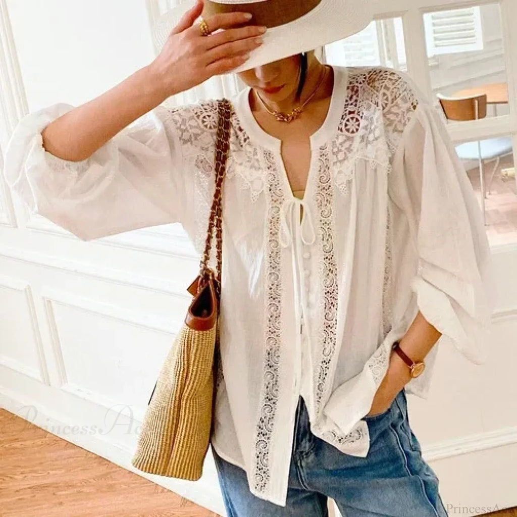 Cotton Floral Embroidery White Lace V-Neck Boho Blouse image 9