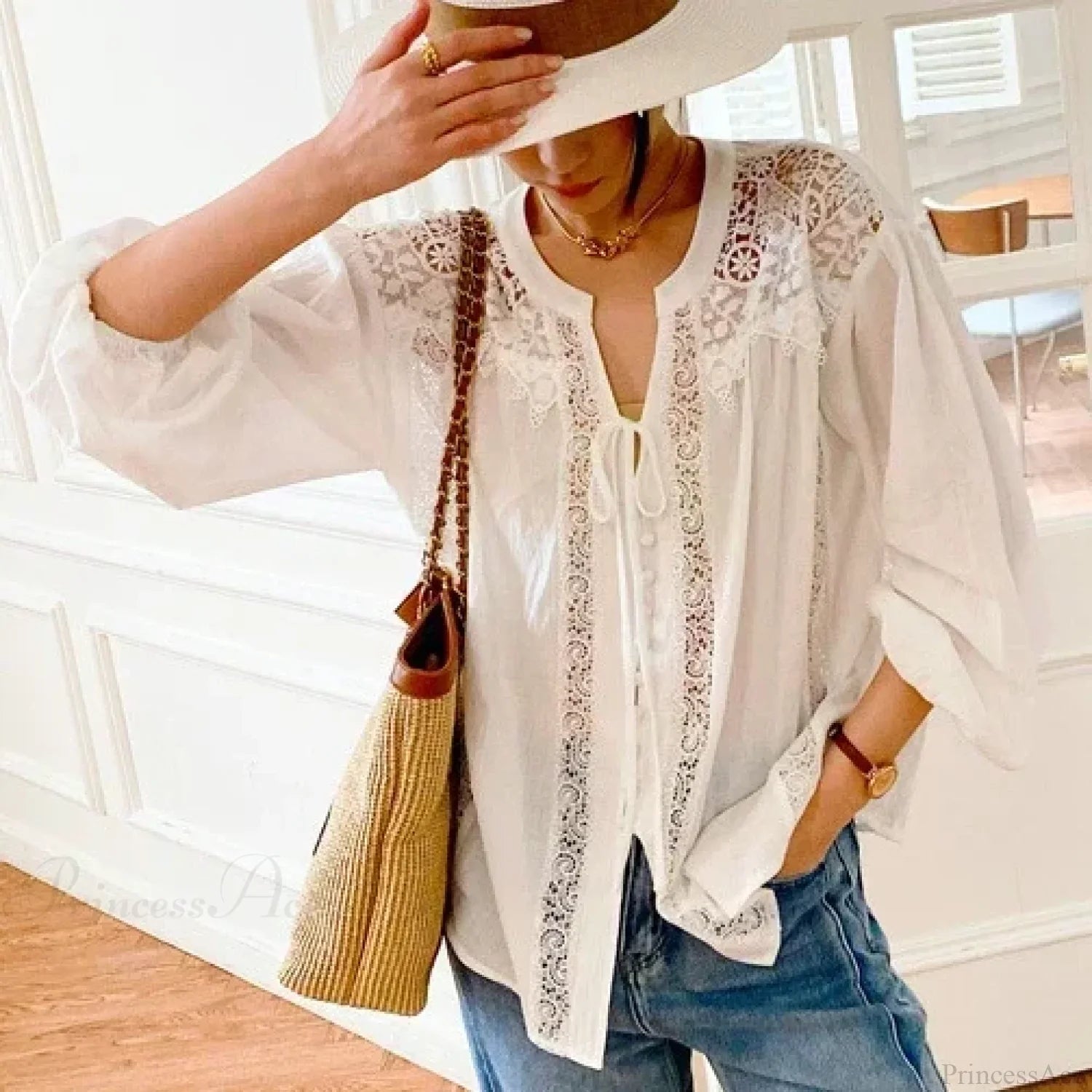 Cotton Floral Embroidery White Lace V-Neck Boho Blouse image 9