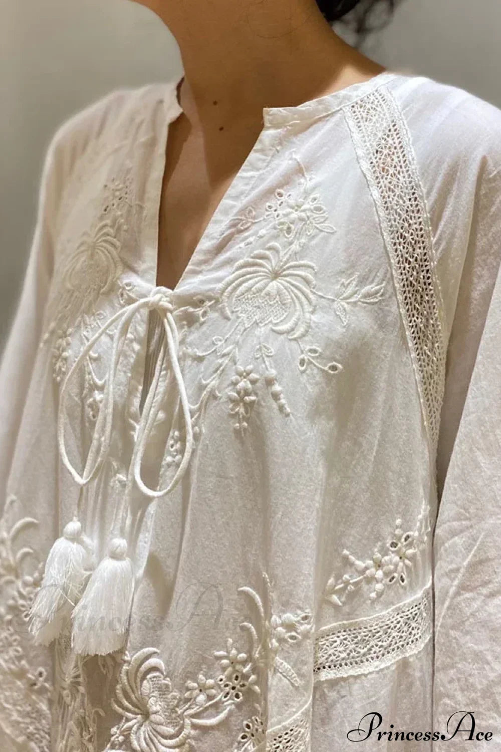 Cotton Linen Beach White V Neck Embroidered Boho Dress image 4