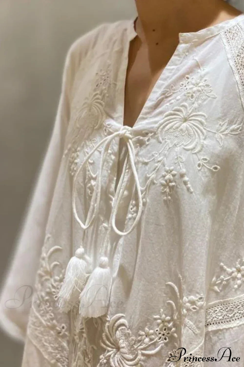 Cotton Linen Beach White V Neck Embroidered Boho Dress image 3