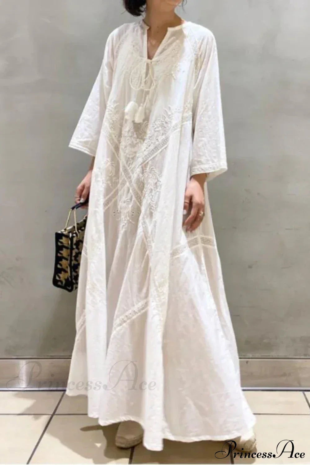 Cotton Linen Beach White V Neck Embroidered Boho Dress image 2
