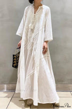 Cotton Linen Beach White V Neck Embroidered Boho Dress image 2