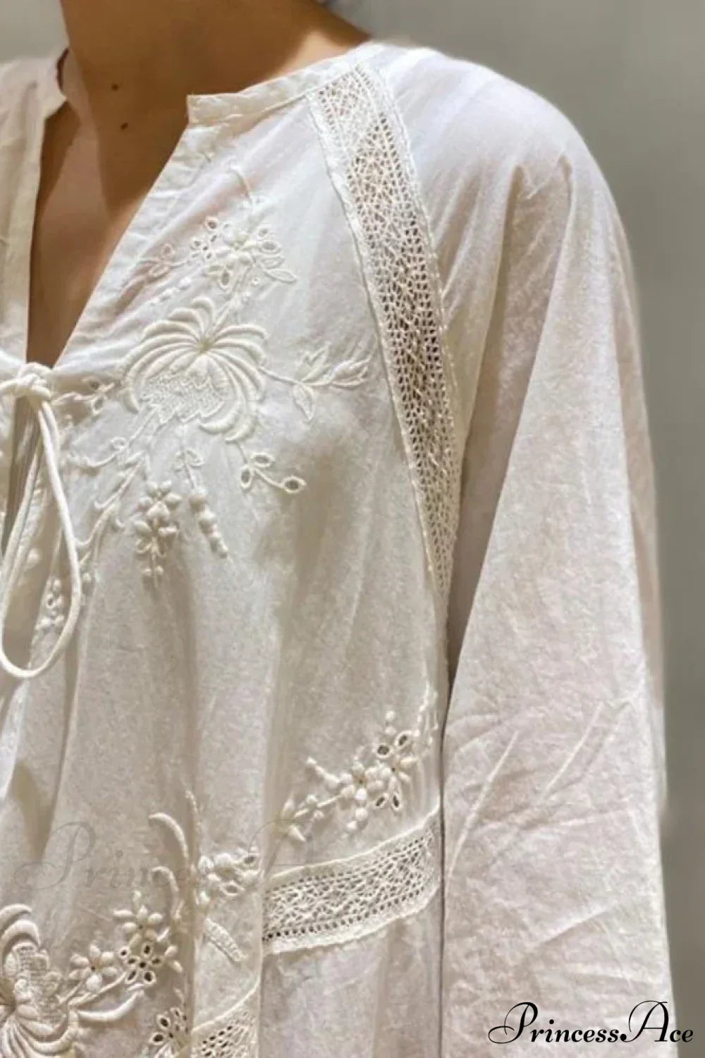 Cotton Linen Beach White V Neck Embroidered Boho Dress image 5