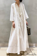 Cotton Linen Beach White V Neck Embroidered Boho Dress image 1