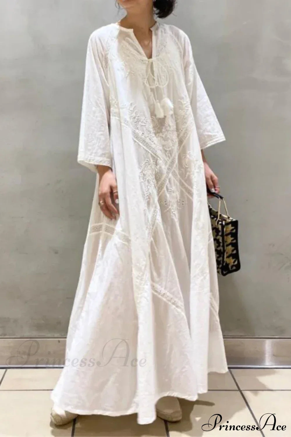 Cotton Linen Beach White V Neck Embroidered Boho Dress image 1