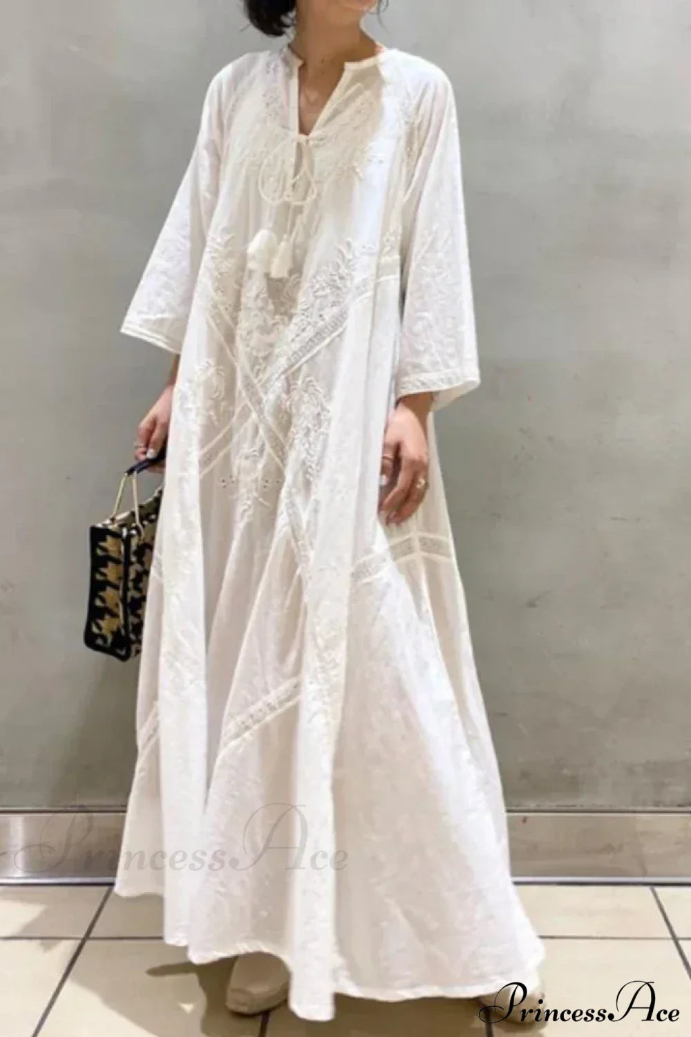 Cotton Linen Beach White V Neck Embroidered Boho Dress image 6
