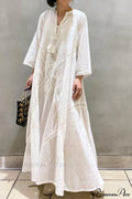 Cotton Linen Beach White V Neck Embroidered Boho Dress image 6