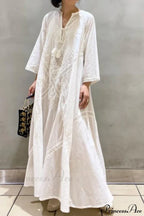 Cotton Linen Beach White V Neck Embroidered Boho Dress image 6