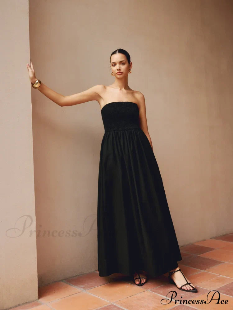 Cotton & Linen Trendy Pleat Strapless Long Dress image 1