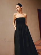 Cotton & Linen Trendy Pleat Strapless Long Dress image 4
