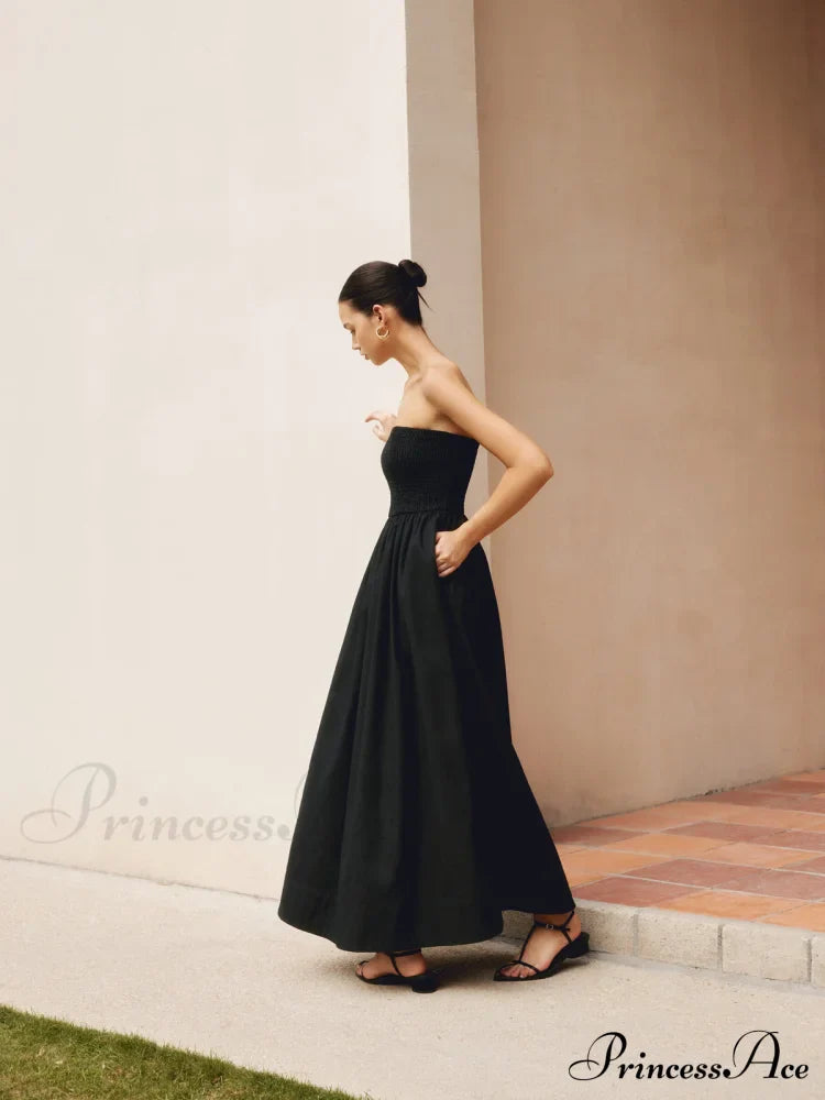 Cotton & Linen Trendy Pleat Strapless Long Dress image 3