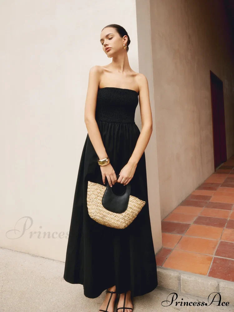 Cotton & Linen Trendy Pleat Strapless Long Dress image 2